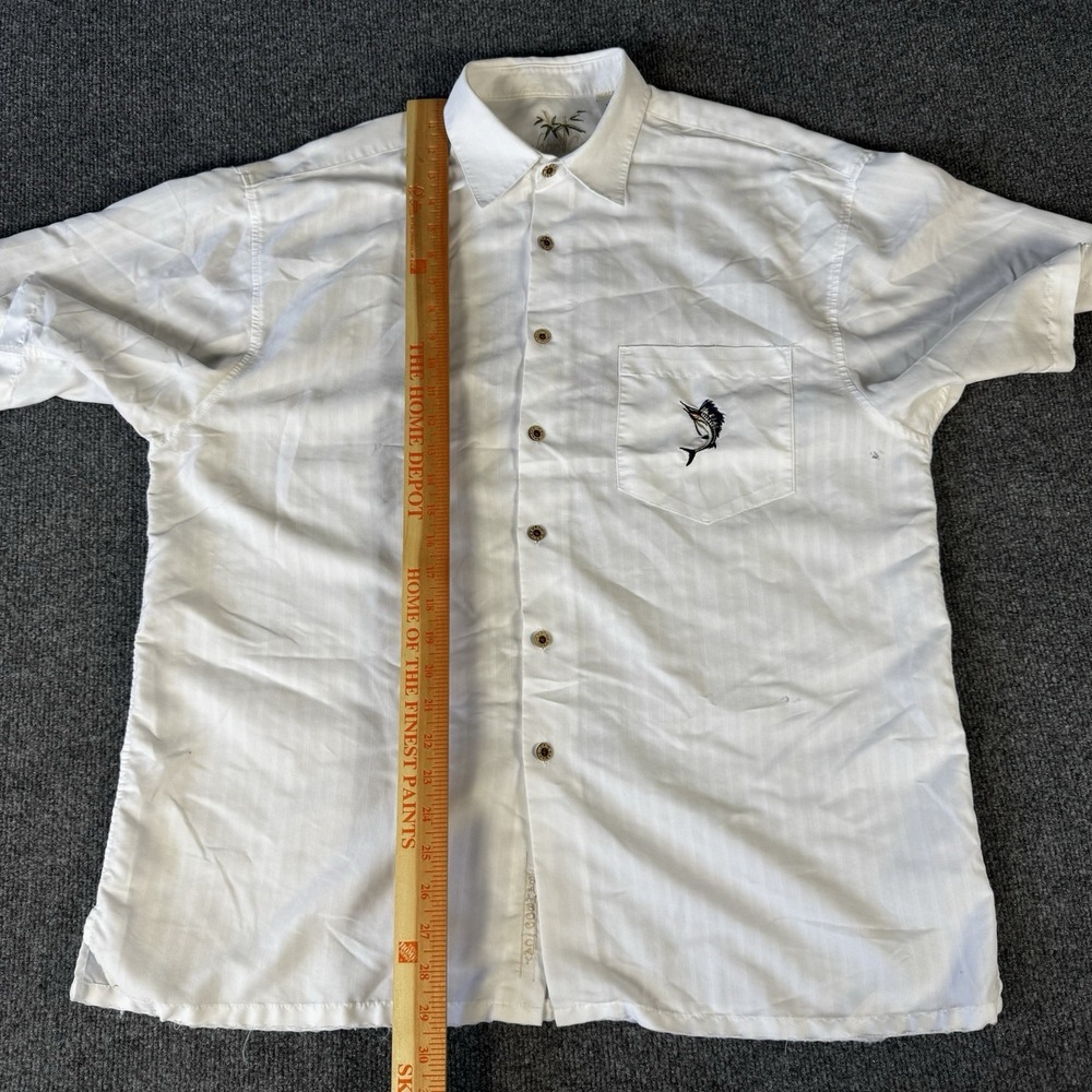 Bamboo Cay Marlin Men's L Embroidered Fishing Casual Button Up Shirt Beige White - Picture 4 of 9